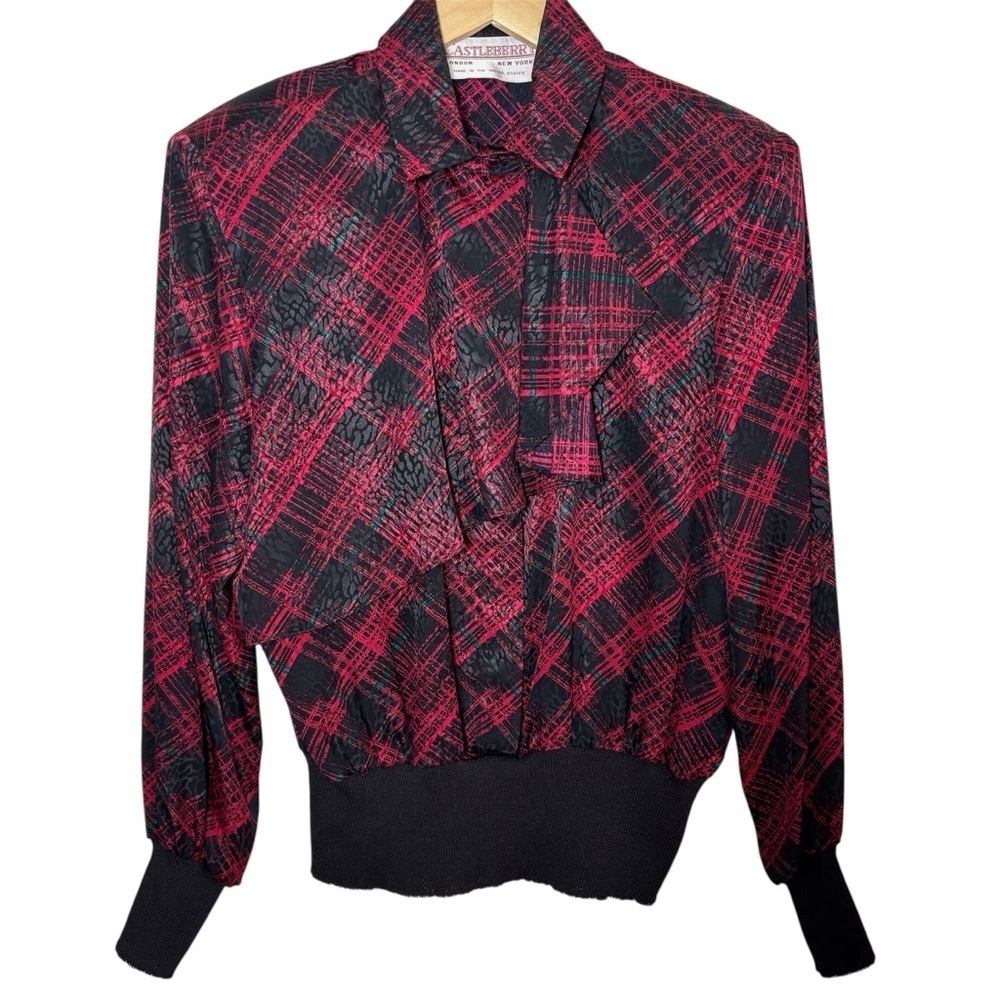 VTG 80s Castleberry Blouse Size 12 Medium Top Red Black Holiday Balloon Sleeve